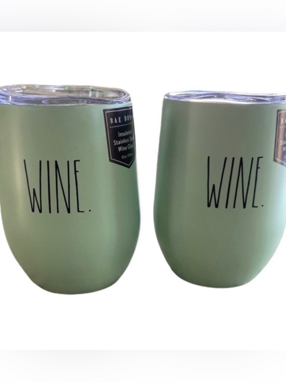 Rae Dunn Insulated Stainless Steel Wine Glasses & Lids Sea Foam Green Set of 2